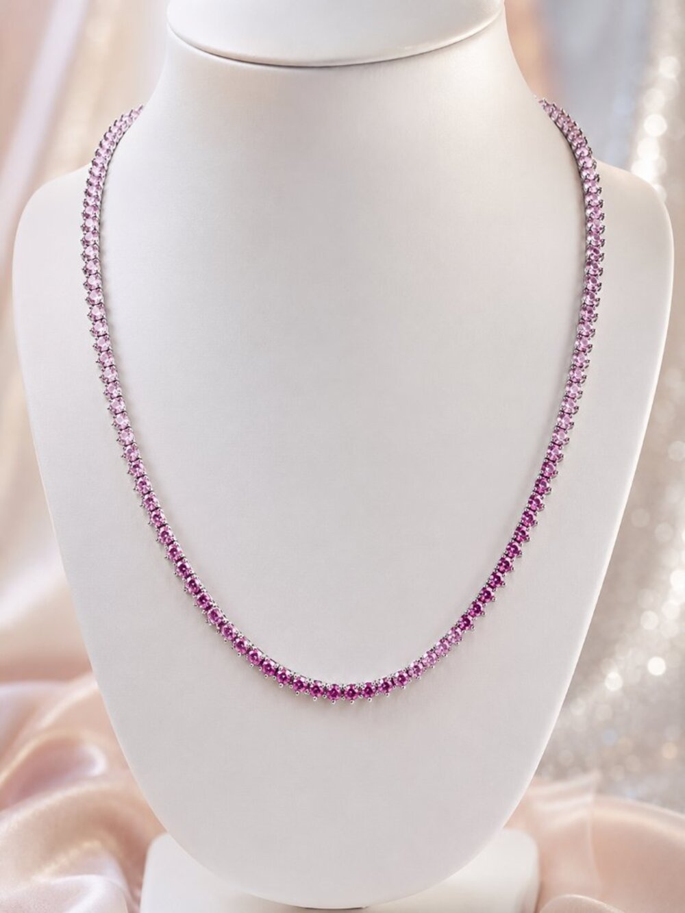 3mm Pink Simulated Sapphire Diamondette Ombré Tennis Necklace 18" - Picture 2 of 7